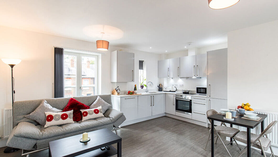 A modern, open-concept living room and kitchen area. The space includes a light grey sofa with red and white throw pillows, a black coffee table with a candle, a small dining table with two chairs, and a white kitchen with appliances and utensils on the countertops.