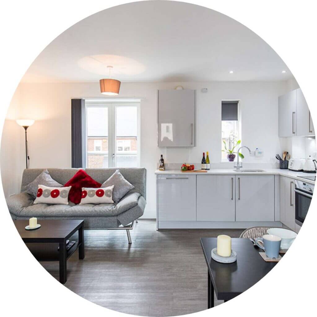 A modern, open-plan living room and kitchen with a grey sofa, red and grey cushions, a wooden coffee table, and a floor lamp. The kitchen features white cabinets, a built-in oven, and a countertop with wine and fruit. Natural light enters through the window.