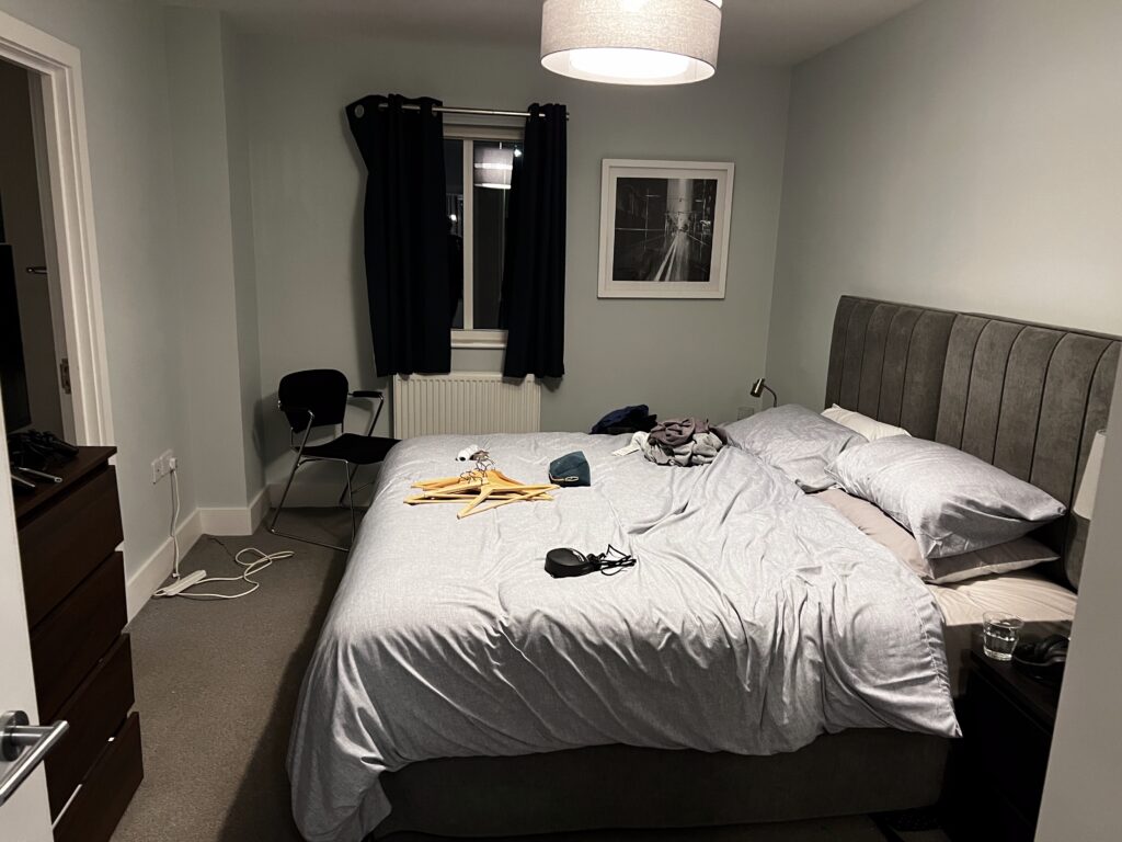 A film set inside an apartment.