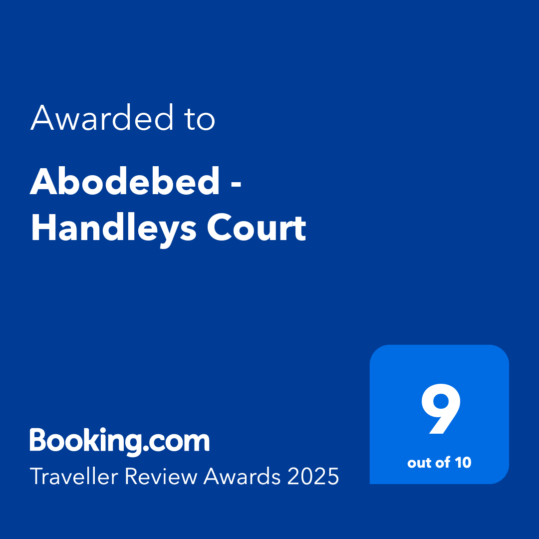 A blue graphic displays an award from Booking.com for "Abodebed - Handleys Court" with a rating of 9 out of 10. The text also mentions "Traveller Review Awards 2025.